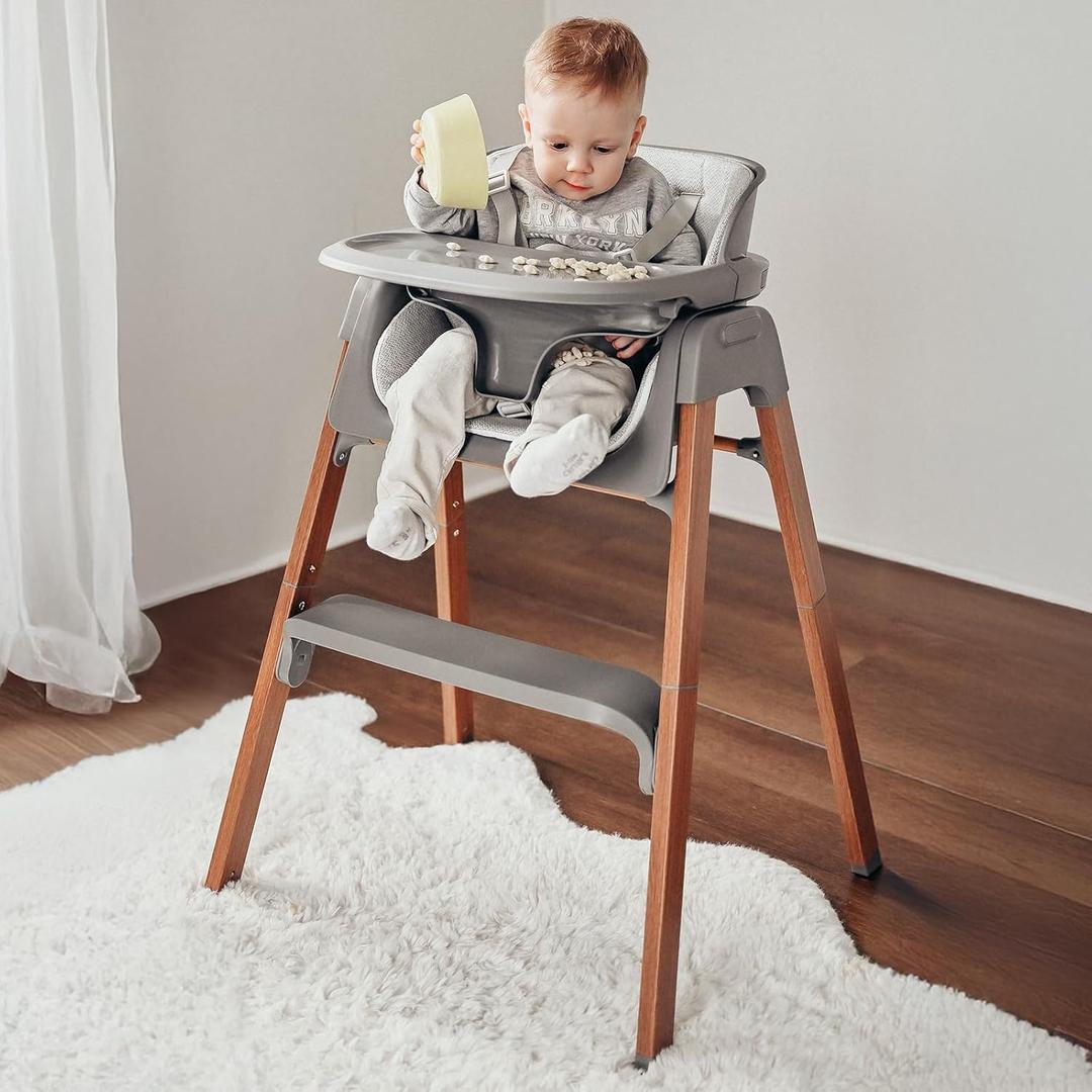 Fodoss Baby High Chair, Light Gray, 4-in-1 Foldable Design, Sturdy Metal Square Tube with Wood Grain, Removable Dishwasher Safe Tray, 5-Point Harness, Waterproof Cushion