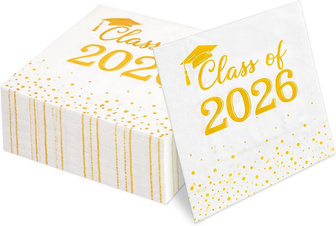 Graduation Decorations 100 PCS Class of 2026 Graduation Napkins Disposable Fancy Cute Gold White Polka Dot Cocktail Napkin Congrats Grad Tea Party Favors Supplies Plates Table Decor Dessert Cookies
