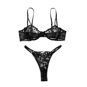 Lilosy Sexy Cute Underwire Push Up Strappy Heart Embroidered Mesh Sheer Lingerie Set for Women Bachelorette See Through Bra and Panty 2 Piece Black Medium