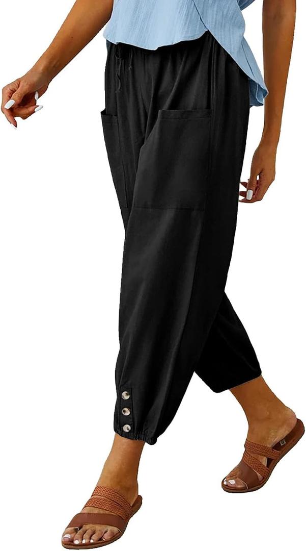 Cotton Casual Capri for Women Elastic High Waisted Loose Lantern Tapered Harem Pants with Pockets, Small