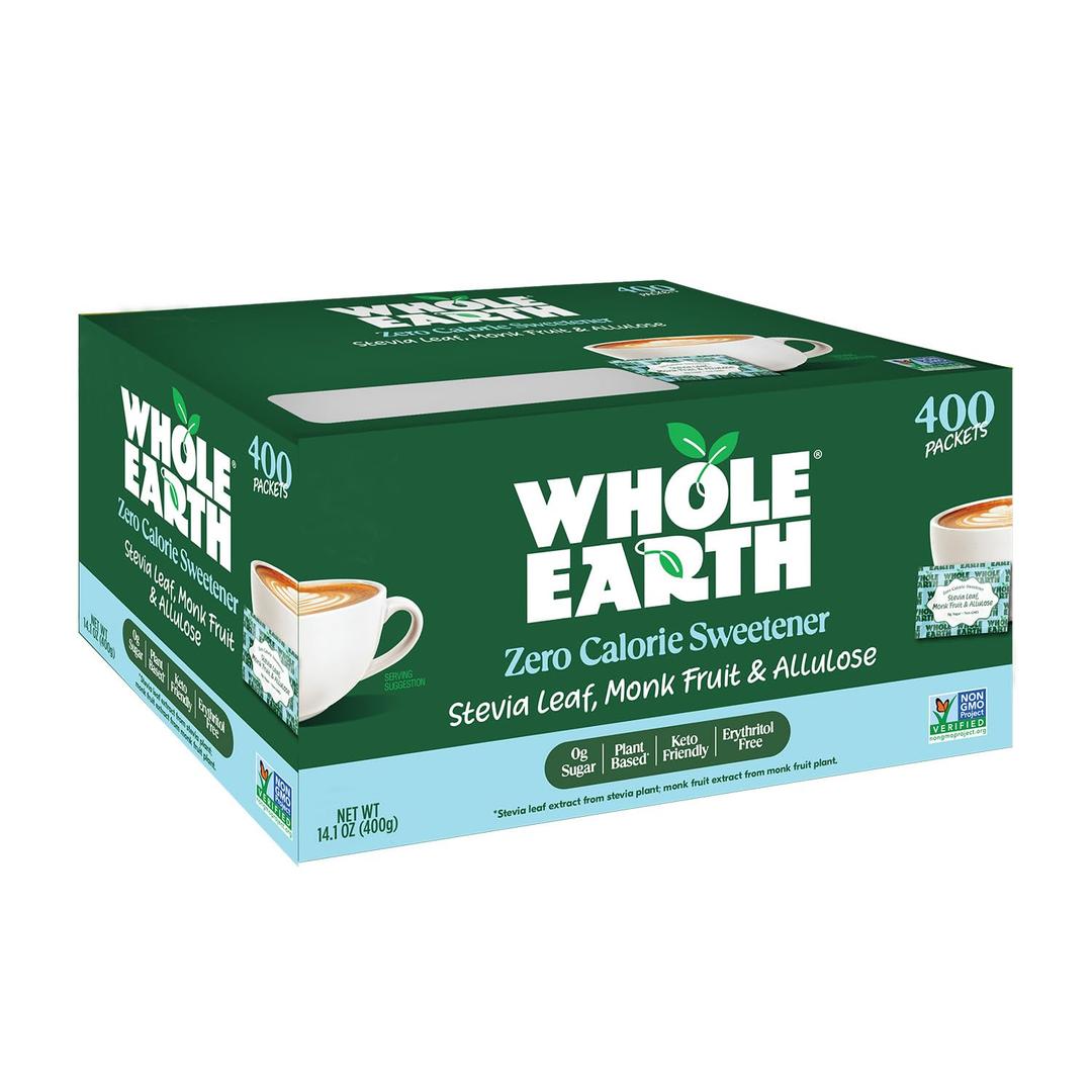 Whole Earth Stevia & Monk Fruit with Allulose Sweetener Packets, 400 Count Pouch, Zero Calorie, Keto-Friendly (EXP 03/05/28)