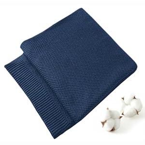 TREELY 100% Cotton Knitted Throw Blanket for Couch Chair Bed Home Decorative, Soft & Cozy Knit Throw Blanket(50"x60", Navy Blue)