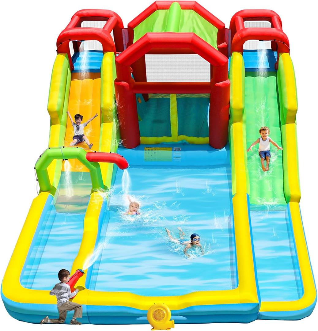 Inflatable Water Double Slides Park with Blower, Shade Tent Bounce House with 2 Climbing Walls, 3 Water Pools, 226x168x98 Inch