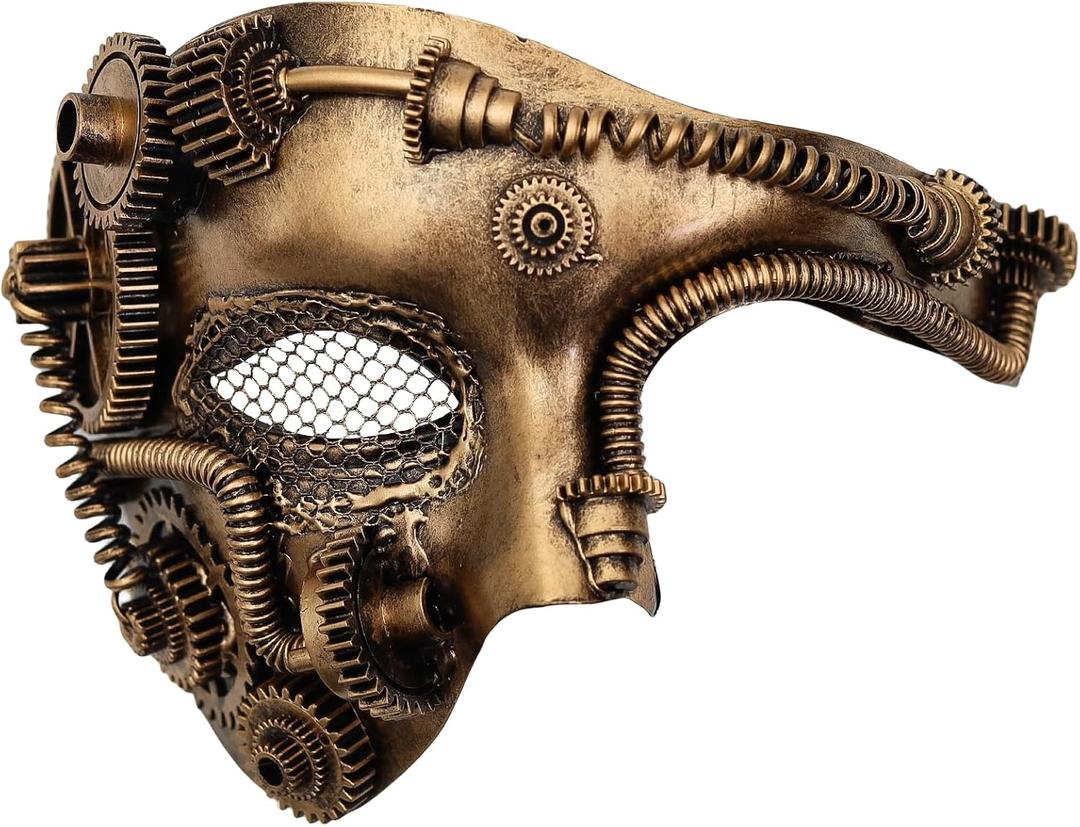 2 x Ubauta Steampunk Masquerade Mask for Men Costume: Mesh Half-Face Cyborg Mask for Halloween Party Cosplay Phantom of the Opera - Gold