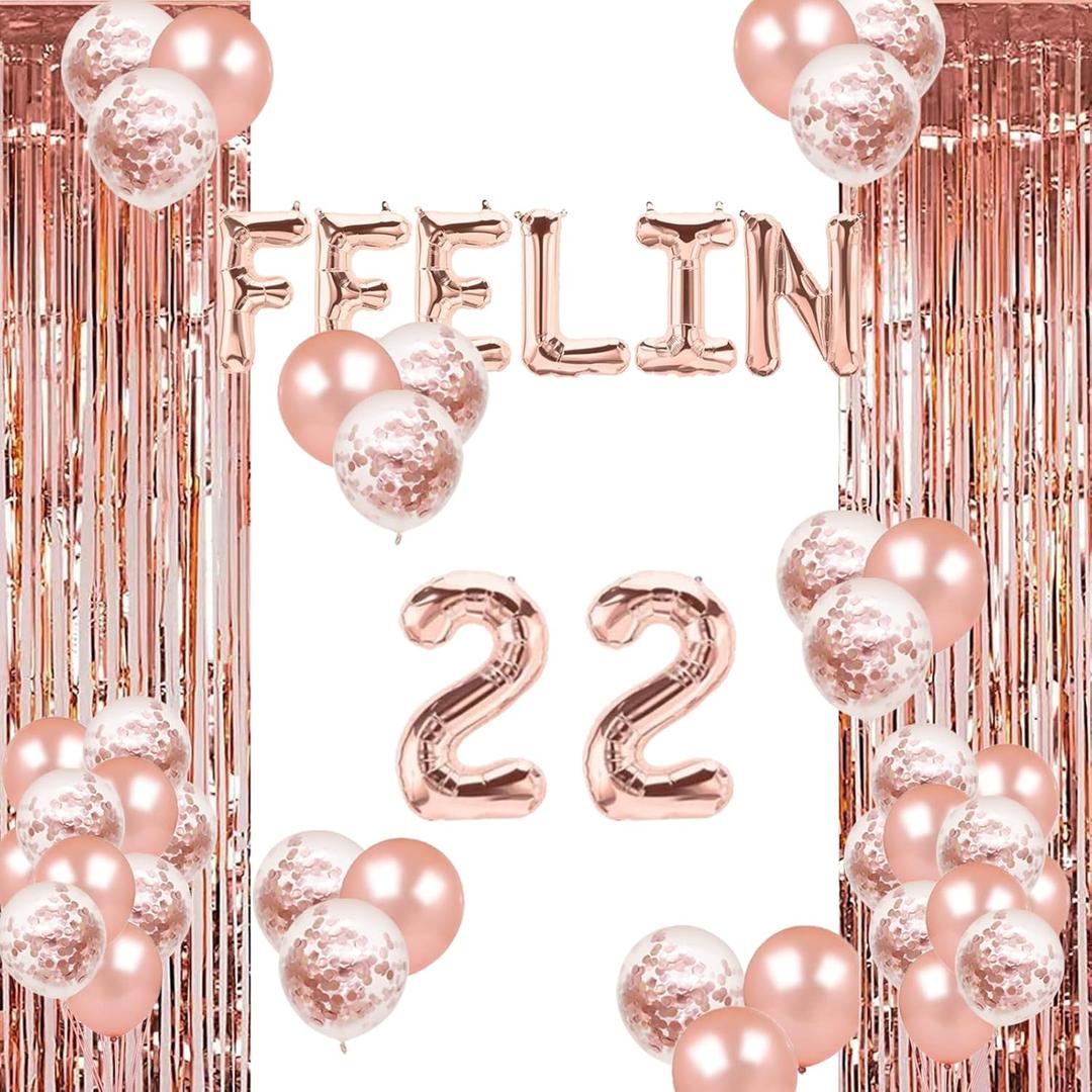 Funny 22 Balloons Rose Gold 22nd BDAY Party Decorations Sweet 22/Hello 22/Cheers to 22/22 & Fabulous/22nd Anniversary/Red Kissy Lips/Champagne Bottle Theme 22nd Birthday Party Supplies