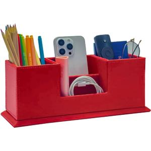 UnionBasic Desk Organizer, Desktop Caddy Leather Multi-compartment Pen Holder Office Stationer Organizer, Red