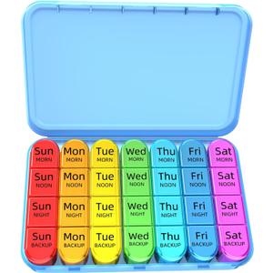 Odaro Weekly Pill Organizer 4 Times a Day, Daily Pill Box 7 Day, Large Travel Pill Case with 28 Compartment to Hold Medicine, Vitamin and Supplement - Blue Case