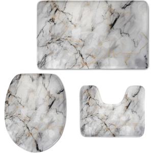UNICEU Grey White Marble 3 Piece Bathroom Rug Set Includes Bath Rug, Contour Mat and Toilet Lid Cover, Machine Washable, Super Soft Microfiber & Non Slip Bath Rugs with Rubber Backing