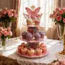 3 Tier Cardboard Cupcake Stand with Butterfly Decoration Assembled Dessert Stand for Birthday Parties Girls and Boys (2PCS)