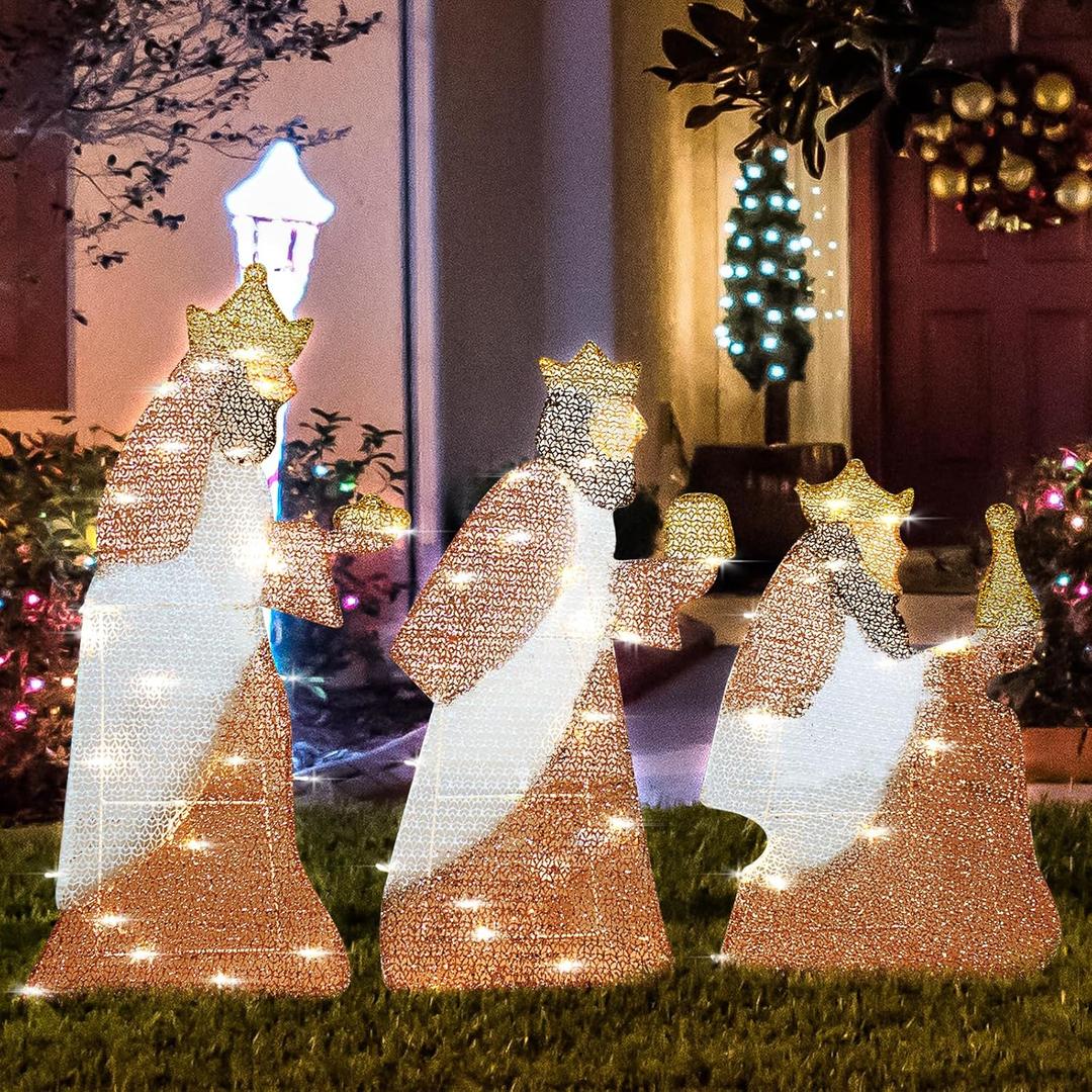 Christmas Lighted up Decoration for Outdoor Yard Lawn, Da de Los Tres Reys Magos(Melchor,Gaspar,Baltasar) Three Wise Men Decoration with Lights, Holiday Display Christmas Tree Decor