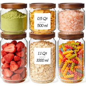 ComSaf 6PCS (1.1Qt/0.5Qt) Glass Pantry Storage Container with Acacia Wood Lid, Airtight Glass Canister with Stacked Design for Orderly Organizing, Glass Jar Organizing Dry Goods in Pantry & Cabinet
