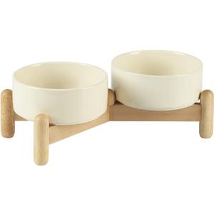 Ceramic 5.1inch Raised Double Bowls Set with Wooden Stand, Elevated Food & Water Bowls for Small Breed Dogs, Cats, Kitty, Weighted Dog Dishes, Pet Bowls(13.5oz, Beige)