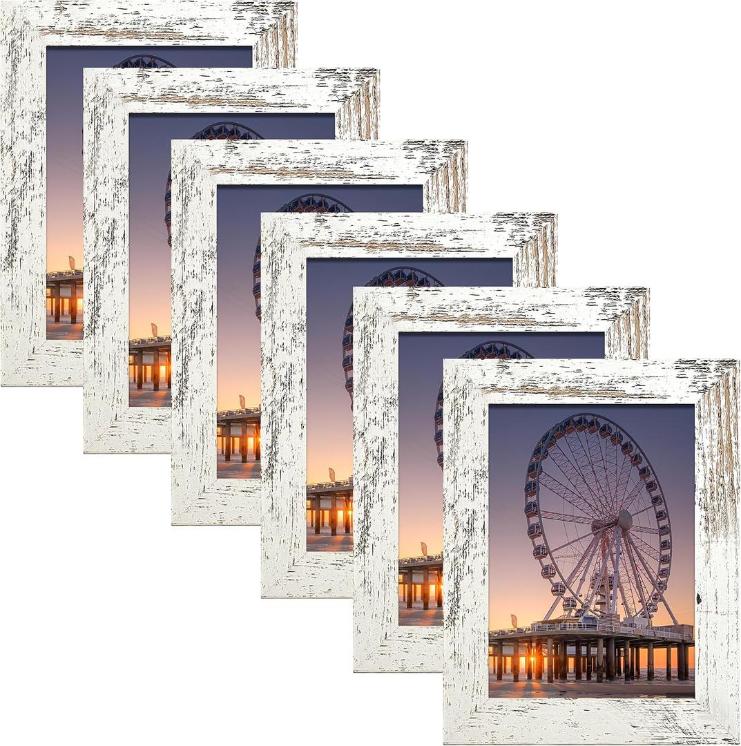 BESCRCL 4x6 Picture Frame with Real Glass Set of 6, Distressed White Wooden Frame 4 x 6 for Wall or Tabletop