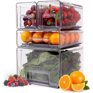 Wysepack Fridge Drawer Organizer 4-Pack – Durable Modular Stackable Refrigerator Storage System with Strong Design for Efficient Kitchen and Pantry Organization
