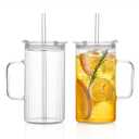 26oz Large Ribbed Glass Tumbler with Handle and Lid - Set of 2, Clear Glass Cups with Reusable Straws, Vertical Striped Design - Perfect for Iced Coffee, Tea, Smoothies, and Cocktails