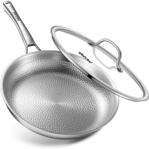 VEDNHOL Titanium Pan, 12 Inch Pure Titanium Hammered Pro frying pan with Lid, NonToxic Skillet for Cooking, PFAS/PFOA/PTFE Free Cookware, Dishwasher&Oven Safe, Kitchen Induction Compatible, 12in w/lid, Titanium