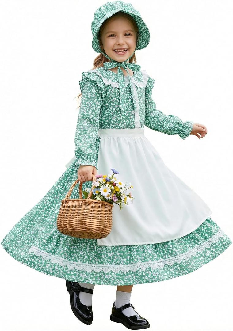 Cuteshower Pioneer Dress for Girls Colonial Costume Girls Prairie Dress for Halloween 5-12 (10-12 Years, Green)