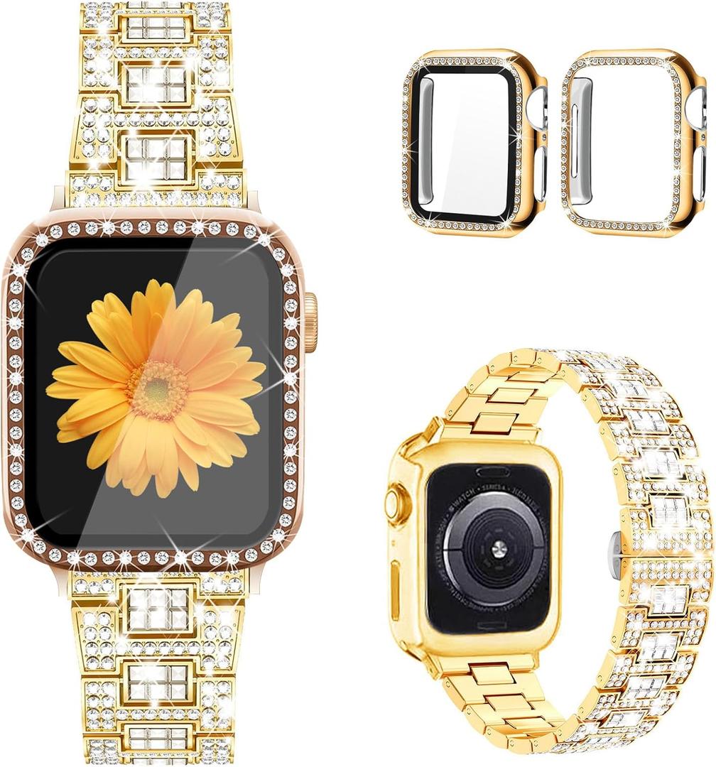 Mesime Compatible for Apple Watch Band with Screen Protector Case, Jewelry Replacement Bands 46mm 45mm 44mm 42mm 41mm 40 mm 38mm 2 Pack Protective Cover for iWatch Series 10/9/8/7/6/5/4/3/2/1/SE Women (40mm(Series 6/5/4/SE), A-Gold)