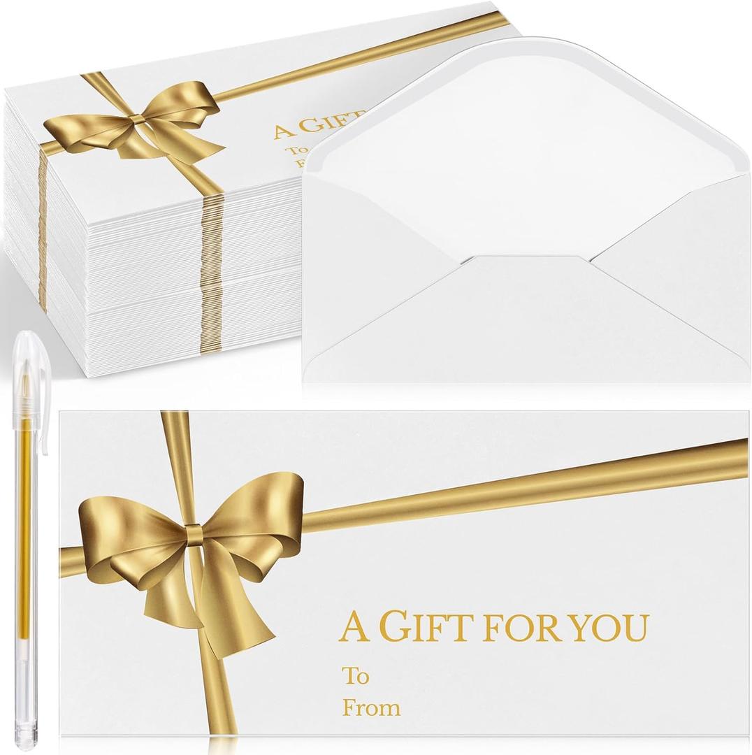 Qilery 50 Pcs Christmas Small Gift Card Envelopes with Golden Bow 3.15 x 6.69 Inch Christmas Money Currency Business Card Holders with Gold Ink Pen for Xmas Holiday Festival Party Supplies(White)