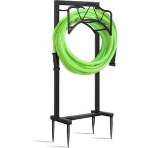 Freestanding Outdoor Garden Hose Holder, Heavy Duty Metal Storage Stand with 4 Spikes, Space Saving Organizer for Patio, Lawn, Backyard, Holds up to 150ft Hose, Black