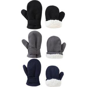 Baby Toddler Mittens 3Pack Boys Girls Winter Outdoor Gloves Kids Easy-On Fleece Warm Mittens (L2-4 years, Black Gray Navy 3 Pairs)