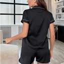 2 x Womens Silk Satin Pajamas Set Short Sleeve Sleepwear Button Down Loungewear 2 Piece Pjs Shorts Set (Black, M)