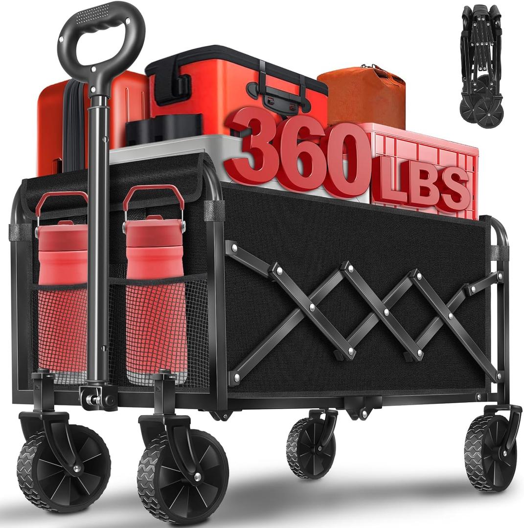 Wagons Carts Foldable, 360 Lbs with Adjustable Handle, Black Lightweight Portable, Collapsible Wagon for Camping, Shopping, Sports, Travel, Garage and Gardening Storage with Drink Holders