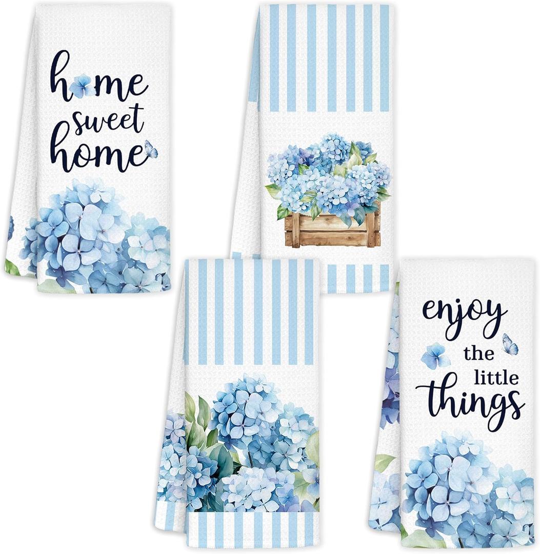 Blue Stripe Hydrangea Kitchen Towels Set of 4 - Home Sweet Home Blue and White Hydrangea Gifts Decorative Hand Towels for Bathroom, 16x24