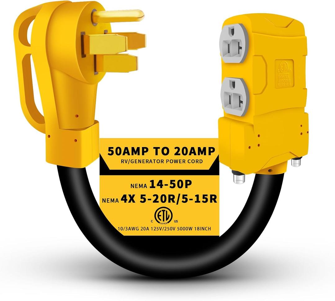 Overload Protection 50 Amp to 20 Amp 110V RV Generator Distribution Adapter, 50 Amp to 110 Adapter, NEMA 14-50P to 4 X 5-20R/15R, 4-Prong 50A to Multiple Household Outlet Adapter, ETL Listed 1.5FT