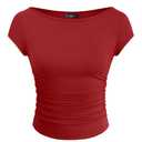 ZESICA Women's Summer Boat Neck Short Sleeve T Shirts 2026 Spring Slim Fit Y2k Going Out Crop Tops Basic Trendy Outfits, Red, XL (Red, XL)