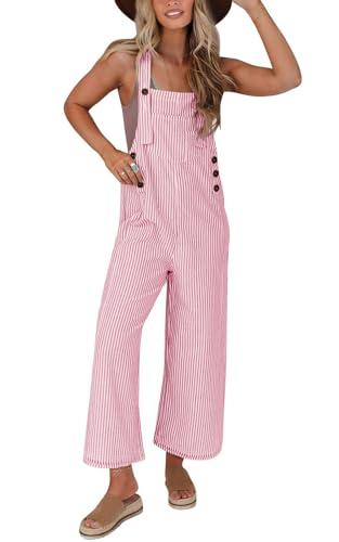 PRETTYGARDEN Overall Jumpsuit For Women 2025 Summer Casual Wide Leg Sleeveless Button Striped Jumpsuits Cute Romper Trendy Outfits (Pink Striped,XXL)
