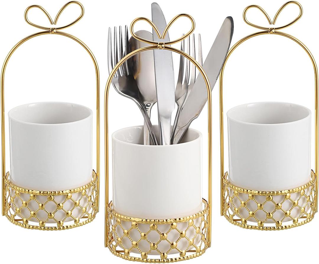 JUXYES Ceramic Silverware Holder For Tabletop, White Cutlery Holder With Golden Metal Bracket, Decorative Flatware Holder Countertop Utensil Holder Organizer for Wedding Kitchen Dining Tables