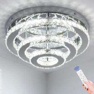 13.8 Inch Modern Crystal Chandeliers LED Crystal Ceiling Light 3 Tiers Ring Flush Mount Chandelier Ceiling Lights with Remote for Bedroom Living Room Kitchen Dimmable, Dia 13.8 inches x H 6.3 inches