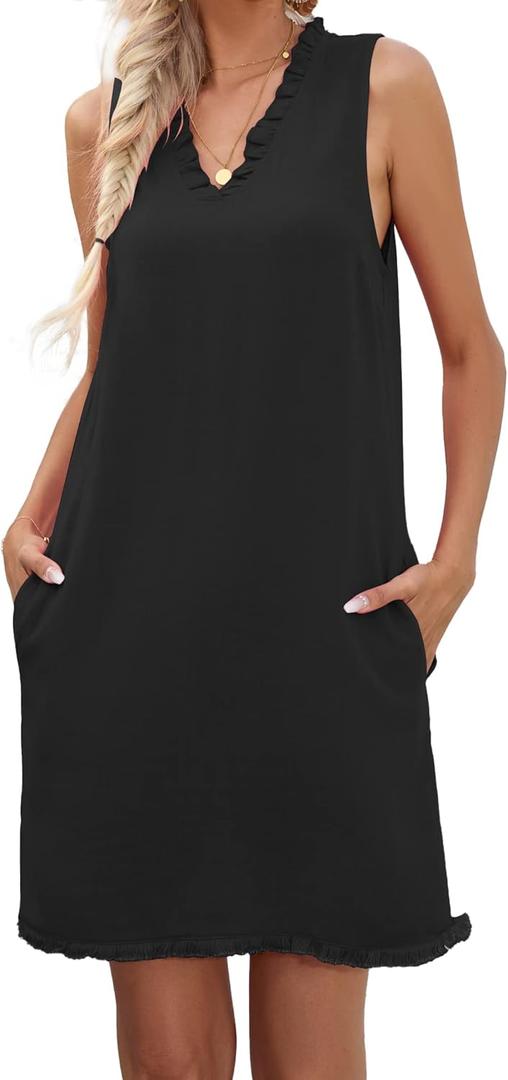 Famulily Women Cute Sleeveless Ruffled Deep V Neck Dresses Cotton Linen Dress for Summer Casual Shift Dress with Pockets (X-Large, Black)