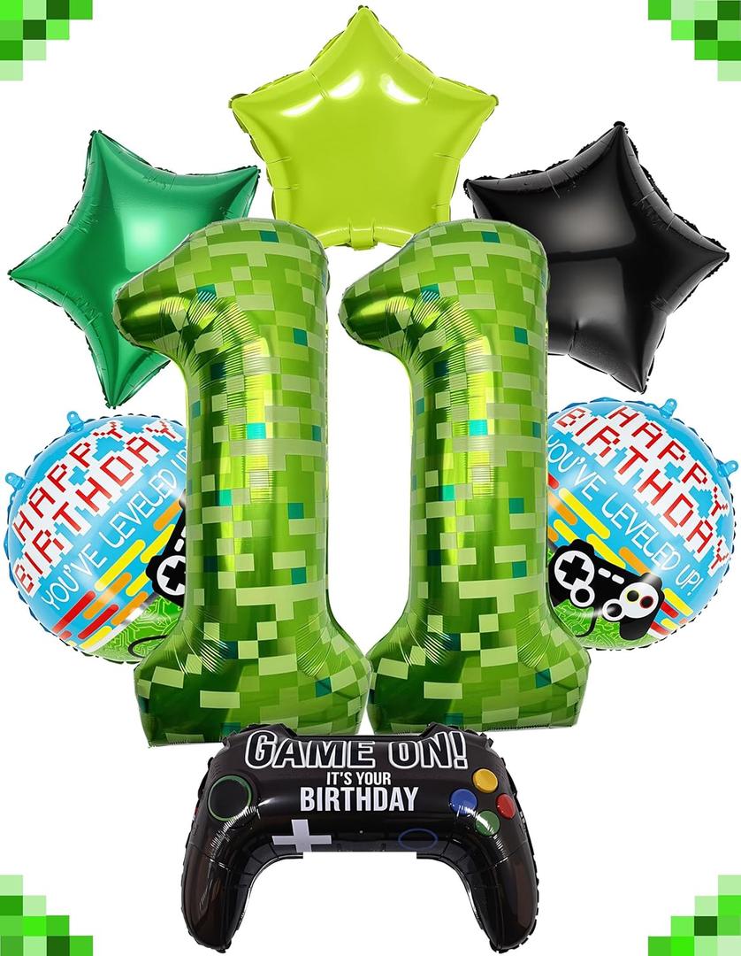 8Pcs Video Game Green Pixel Miner Themed Party Decorations, 40 Inch Large MIning Number 11 Balloons Birthday Party Decorations for Kids' 11th Birthday Anniversary Party