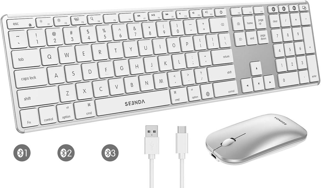 seenda Bluetooth Keyboard and Mouse for Mac, COS500 Multi-Device Rechargeable Keyboard Mouse with Quiet Keys, Full Size Slim Combo Compatible for MacBook Pro/Air, Mac, iPad, iPhone - White Silver