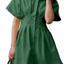 Dsewpaur Women Button Front Pleated Shirt Dresses Summer Casual Short Sleeve Pleated Blouse Mini Dress Medium, Dark Green 