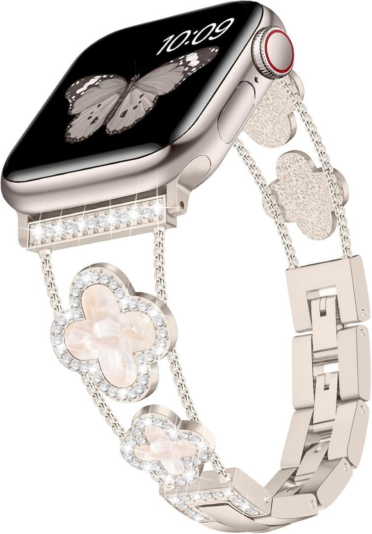 Tasikar Bling Diamond Women Band Compatible with Apple Watch Band, Size: 49mm/46mm/45mm/44mm/42mm(Series 1/2/3) Lucky Clover Dressy Replacement Bracelet (Starlight)