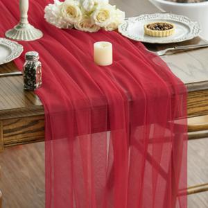 Artoid Mode 6PCS Red Gauze Table Runner 120 Inch 10FT, Seasonal Sheer Kitchen Dining Holiday Wedding Birthday Baby Shower Table Decor for Home Party