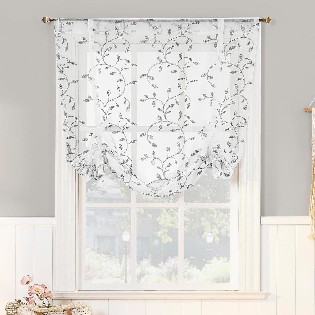 No. 918 Francine Embroidered Foliage Semi-Sheer Rod Pocket Window Tie-up Balloon Shade, White/Gray, 42" W x 63" L