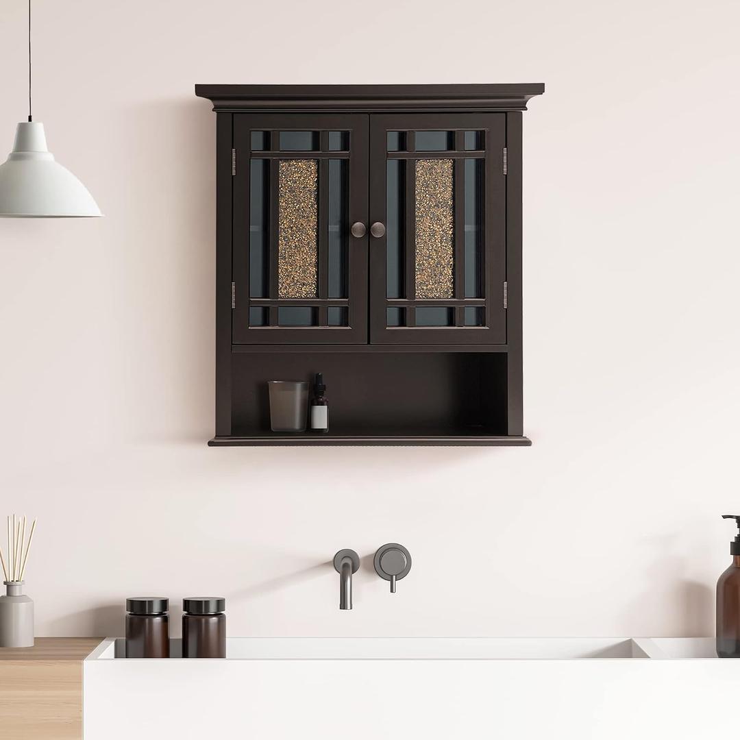 Teamson Home 2 Door Bathroom Wall Cabinet Windsor Collection with Crown Molding, Wall Mounted Over The Toilet Storage with Open Shelf & Decorative Glass Mosaic Details, Espresso