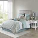 510 DESIGN Luxe Quilted Comforter Set Modern Transitional Design, All Season Down Alternative Warm Bedding Matching Shams, Bedskirt, Decorative Pillow, King, Shawnee Scrollwork Seafoam
