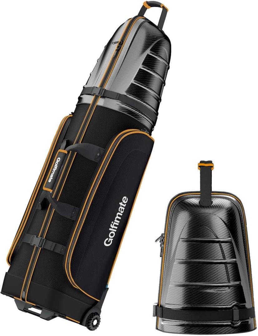 Golf Travel Bag for Airlines with Carbon Fiber Look Hard Top, Protective Club Traveling Cover with Wheel, Golf Club Carrier Case for Airplanes, Thick Padding, Durable Zippers, 2 Spacious Side Pockets