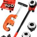 QWORK BSPT Pipe Thread Kit, Heavy Duty 1/8-inch to 2-inch Pipe Cutter + BSPT Ratchet Pipe Threader (1/2", 3/4", 1")