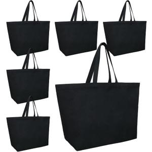 Sweetude 6 Extra Large Canvas Tote Bags Heavy Duty Grocery Beach Totes 28 x 8 x 16 Inch Reusable Shopping Bags with Handles Plain Solid Black