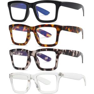 4 Pack Oprah Style Reading Glasses for Women Men Blue Light Blocking Computer Square Metal Spring Readers (Black, Transparent, Grey Tortoiseshell, Yellow Tortoiseshell)