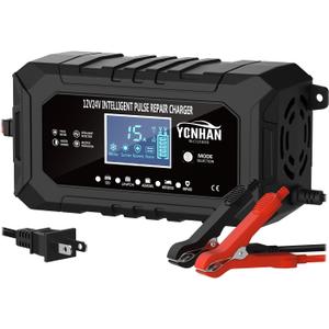 YONHAN 15-Amp Battery Charger LiFePO4 Trickle Car Battery Charger 12V 24V Fully-Automatic Smart Battery Chargers, Lead Acid Portable 9-Stage Smart Battery Maintainer with Temp Compensation(Black)