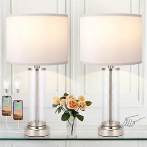 Nickel Bedroom Lamps Set of 2 - Touch Bedside Lamp for Night Stands with USB C+A, 3 Way Dimmable Nightstand Table Lamps for Living Room, Modern Glass Lamp for Bed Side Guest Room