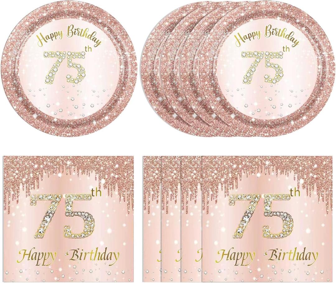 75th Birthday Decorations for Women,75th Birthday Party Plates and Napkins,Rose Gold 75 Year Old Party Theme Tableware 75 Party Table Decorations Supplies,Disposable 7'' Paper Plates, Napkins