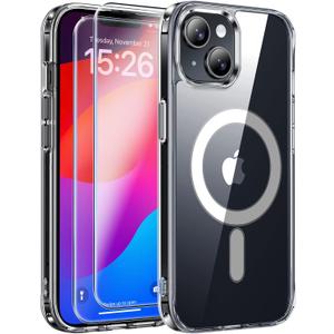 JAME for iPhone 15 Case Clear, iPhone 15 Magnetic Case with 2*Glass Screen Protectors, Compatible with Magsafe, Not Yellowing, Shockproof Slim Fit Transparent Phone Case for iPhone 15, 6.1 inch, Clear